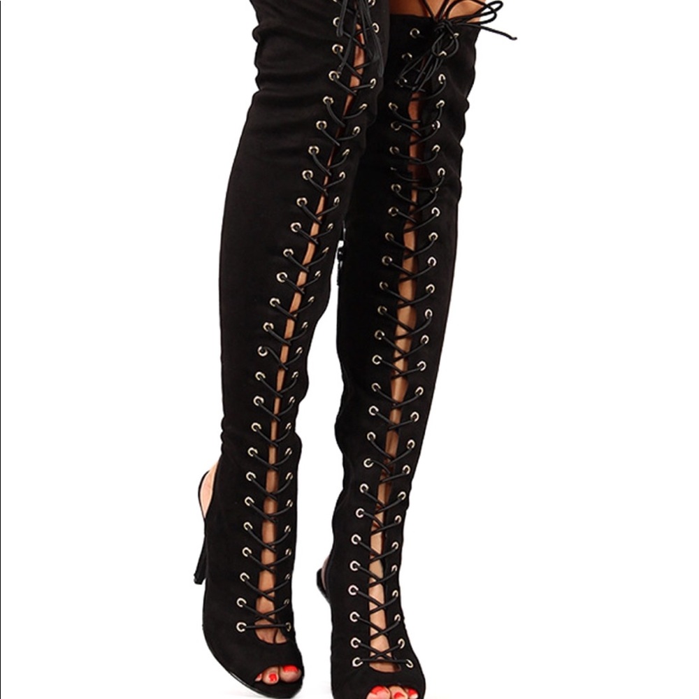 NWT!! FAUX SUEDE black lace up open toe heel